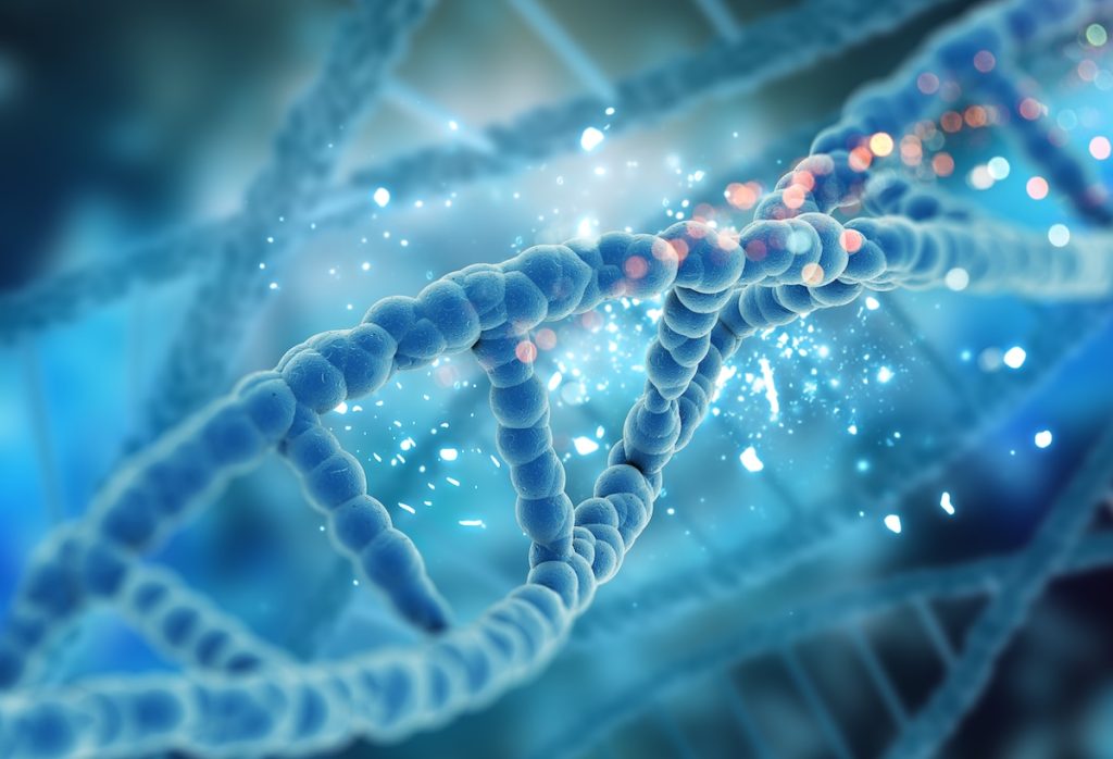 Blue DNA double helix strands intertwine in a glowing, lab-like blue background.