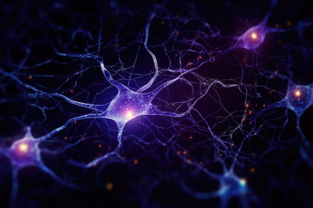 Abstract illustration of glowing purple neurons with interconnected synapses in a dark background, representing a neural network.