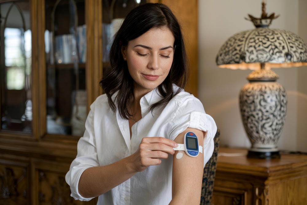 Woman in a white shirt attaches a wearable medical sensor to her upper arm while seated indoors.